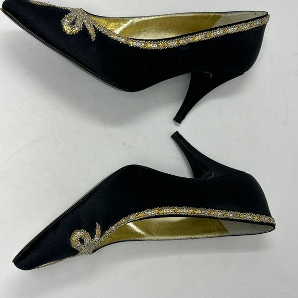 Rene Caovilla Wilkes Bashford Italy  Pump Heels Black Gold Satin Crystal Size 8 - Picture 8 of 14